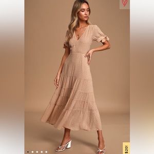 Lulus Destined for Happiness Blush Polka Dot Tiered Midi Dress